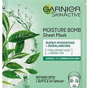 Garnier Moisture Bomb Green Tea and Hyaluronic Acid Sheet Mask, Hydrating & Rebalancing Face Mask, For Sensitive Skin, Biodegradable and Vegan Tissue, 28g