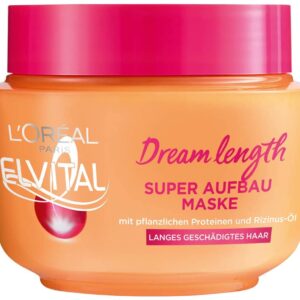L’Oréal Paris Elvital Anti Split Ends Hair Mask for Long, Damaged Hair, Intensive Rinse Hair Treatment with Vegetable Vitamins and Castor Oil, Dream Length Super Building Mask, 1 x 300 ml