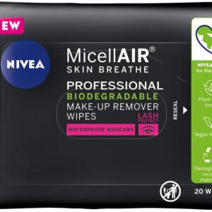 NIVEA MicellAIR SKIN BREATHE Biodegradable Cleansing Wipes (20 Sheets), Plant-Based Micellar Wipes, MicellAIR technology Biodegradable Wipes, Face Wipes Makeup Remover