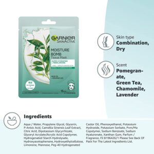 Garnier Moisture Bomb Green Tea and Hyaluronic Acid Sheet Mask, Hydrating & Rebalancing Face Mask, For Sensitive Skin, Biodegradable and Vegan Tissue, 28g