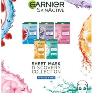 Garnier Sheet Mask Discovery Collection, Face & Eye Sheet Mask set for Dehydrated, Dull and Tired Skin, Pack of 5 Sheet Masks