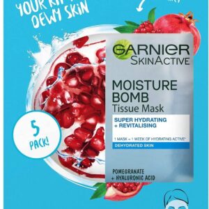 Garnier SkinActive Moisturising Tissue Mask, Moisturising and Firming, Pomegranate + Hyaluronic Acid, For Dehydrated Skin, Set of 5