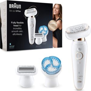 Braun Silk-épil 9 Flex Epilator With Flexible Head for Easier Hair Removal, Electric Shaver and Trimmer, Exfoliator, Pressure Guide, Wet and Dry, UK 2 Pin Plug, 9-010, White/Gold