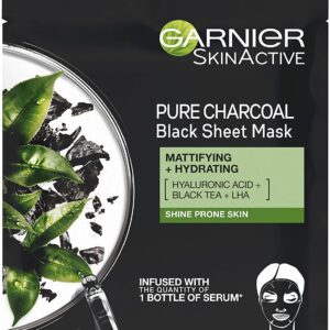 Garnier Pure Charcoal and Black Tea Sheet Mask, Purifying and Hydrating Face Mask With Hyaluronic Acid, LHA & Black Tea Extract, Mattifies Shine Prone Skin, Biodegradable & Vegan Tissue 28g